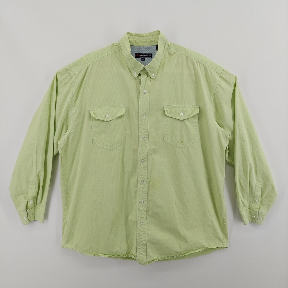Roper Men's XXL Long Sleeve Button Down Light Green Shirt Mini-Checkered Pattern